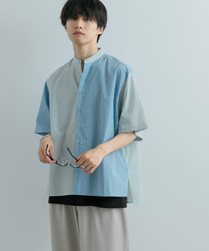 中性條紋拼接寬鬆襯衫