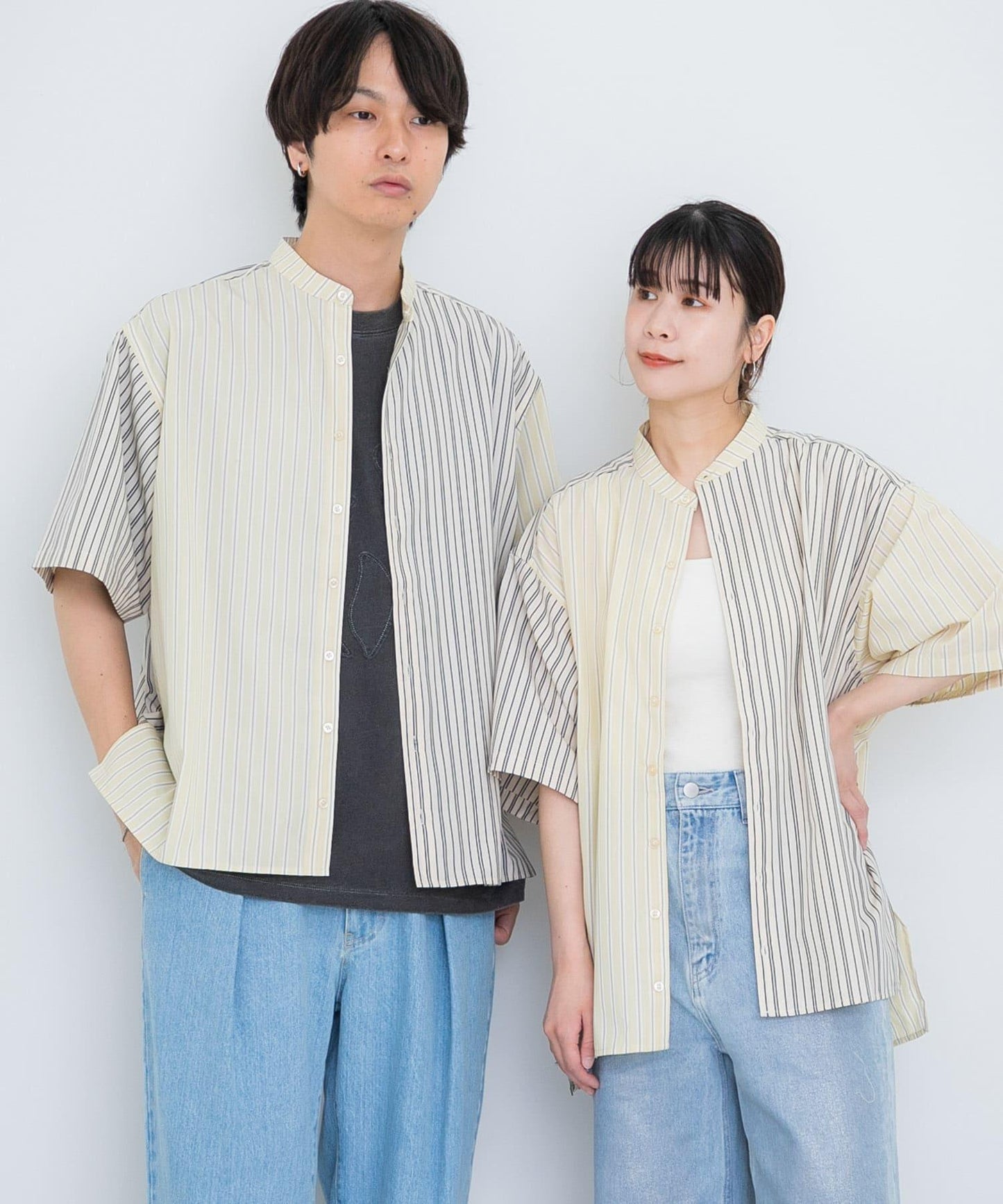 中性條紋拼接寬鬆襯衫