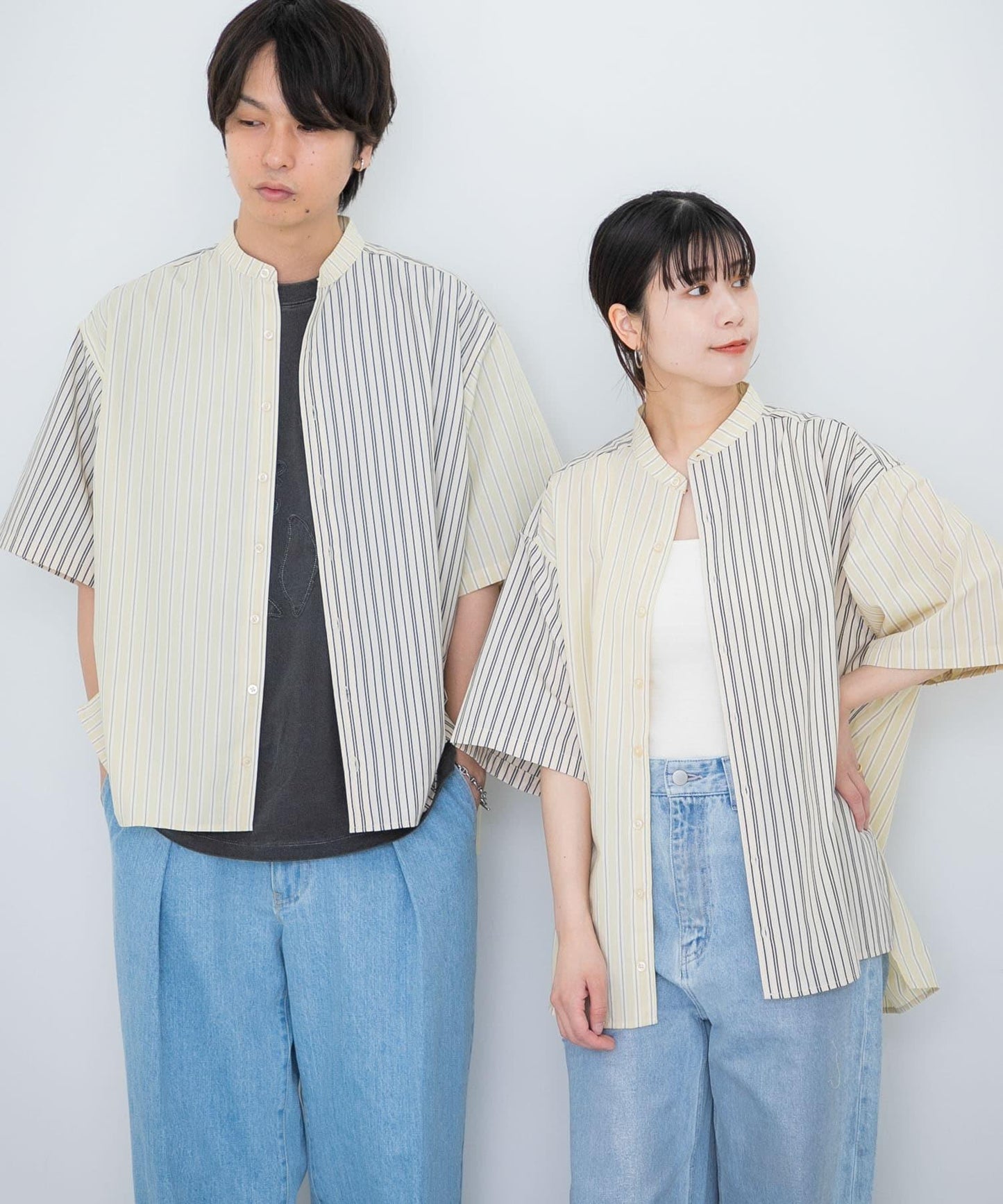 中性條紋拼接寬鬆襯衫