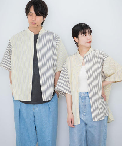 中性條紋拼接寬鬆襯衫