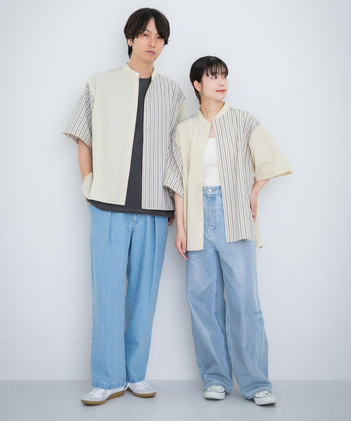 中性條紋拼接寬鬆襯衫