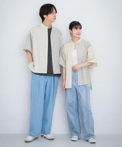 中性條紋拼接寬鬆襯衫