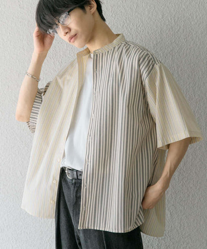 中性條紋拼接寬鬆襯衫