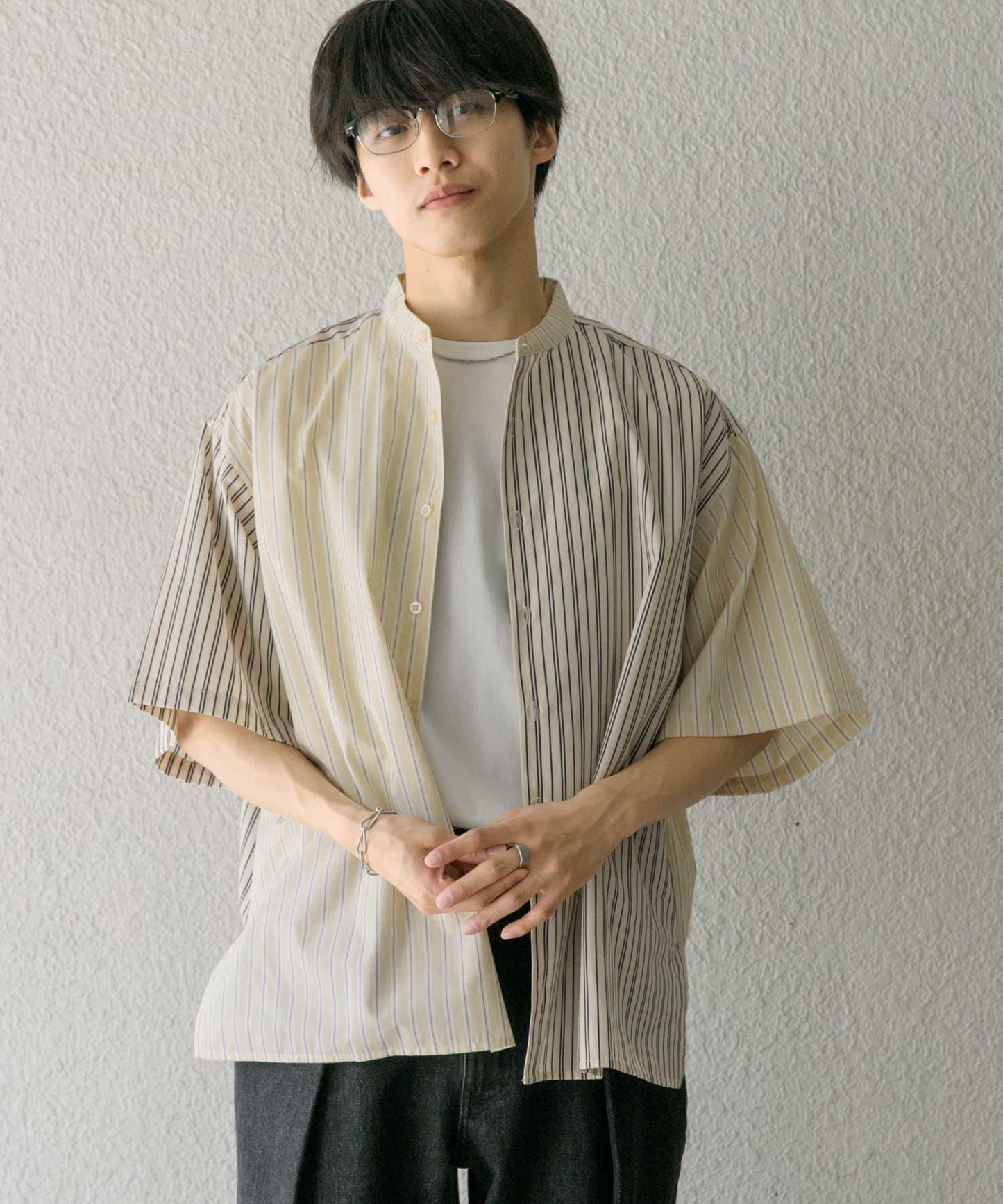 中性條紋拼接寬鬆襯衫