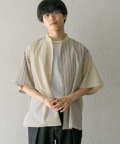 中性條紋拼接寬鬆襯衫