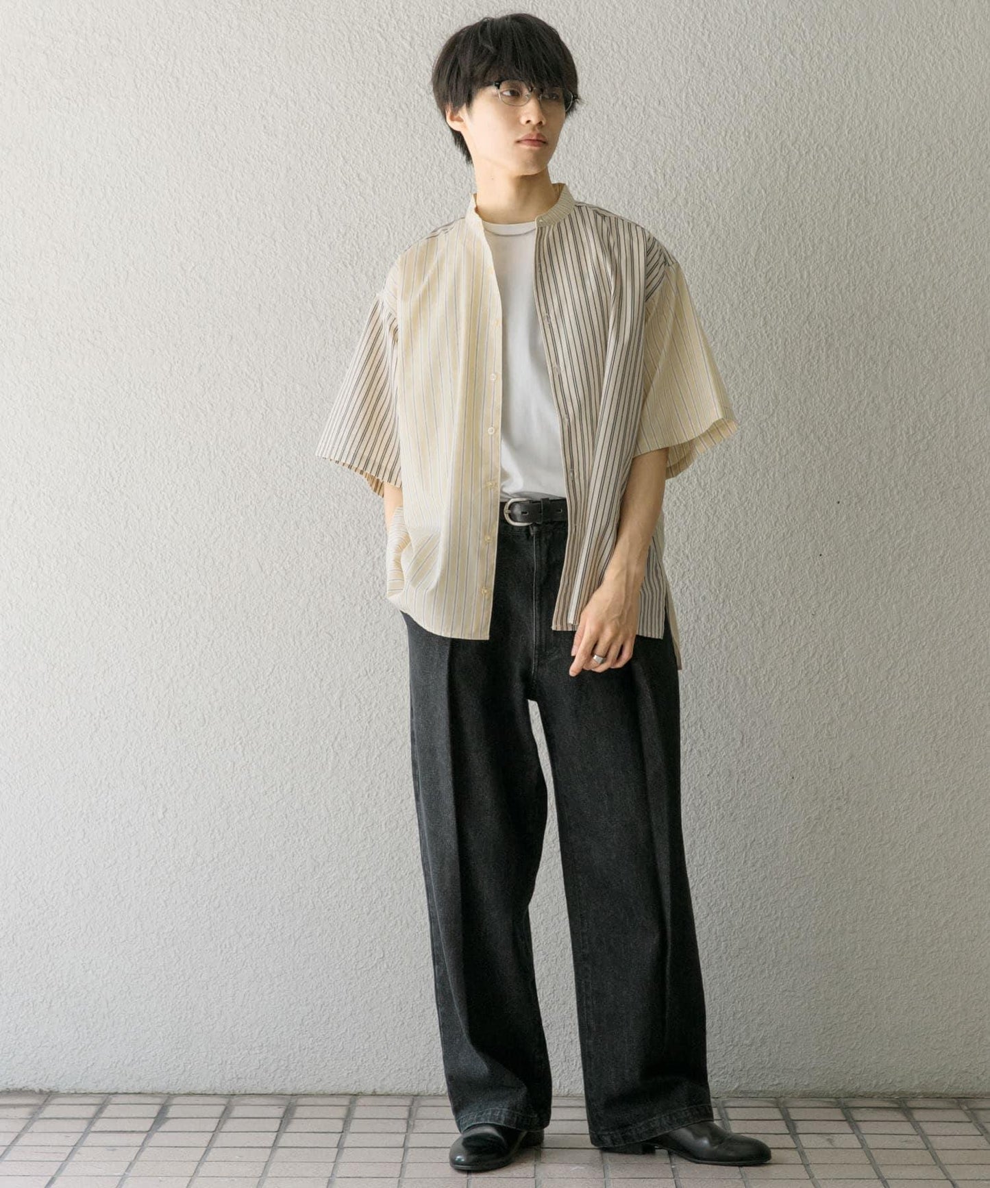 中性條紋拼接寬鬆襯衫