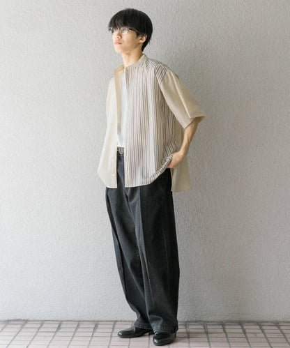 中性條紋拼接寬鬆襯衫
