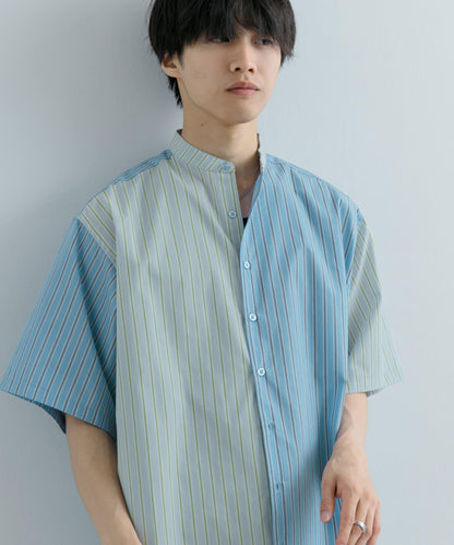 中性條紋拼接寬鬆襯衫