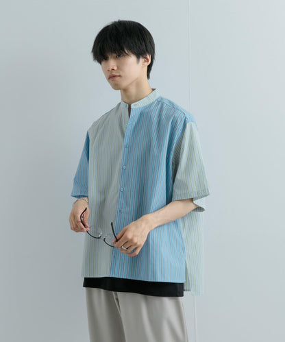 中性條紋拼接寬鬆襯衫