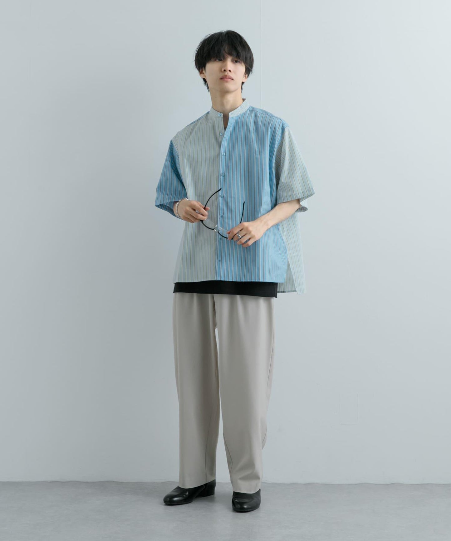 中性條紋拼接寬鬆襯衫