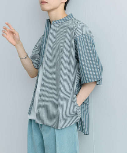 中性條紋拼接寬鬆襯衫