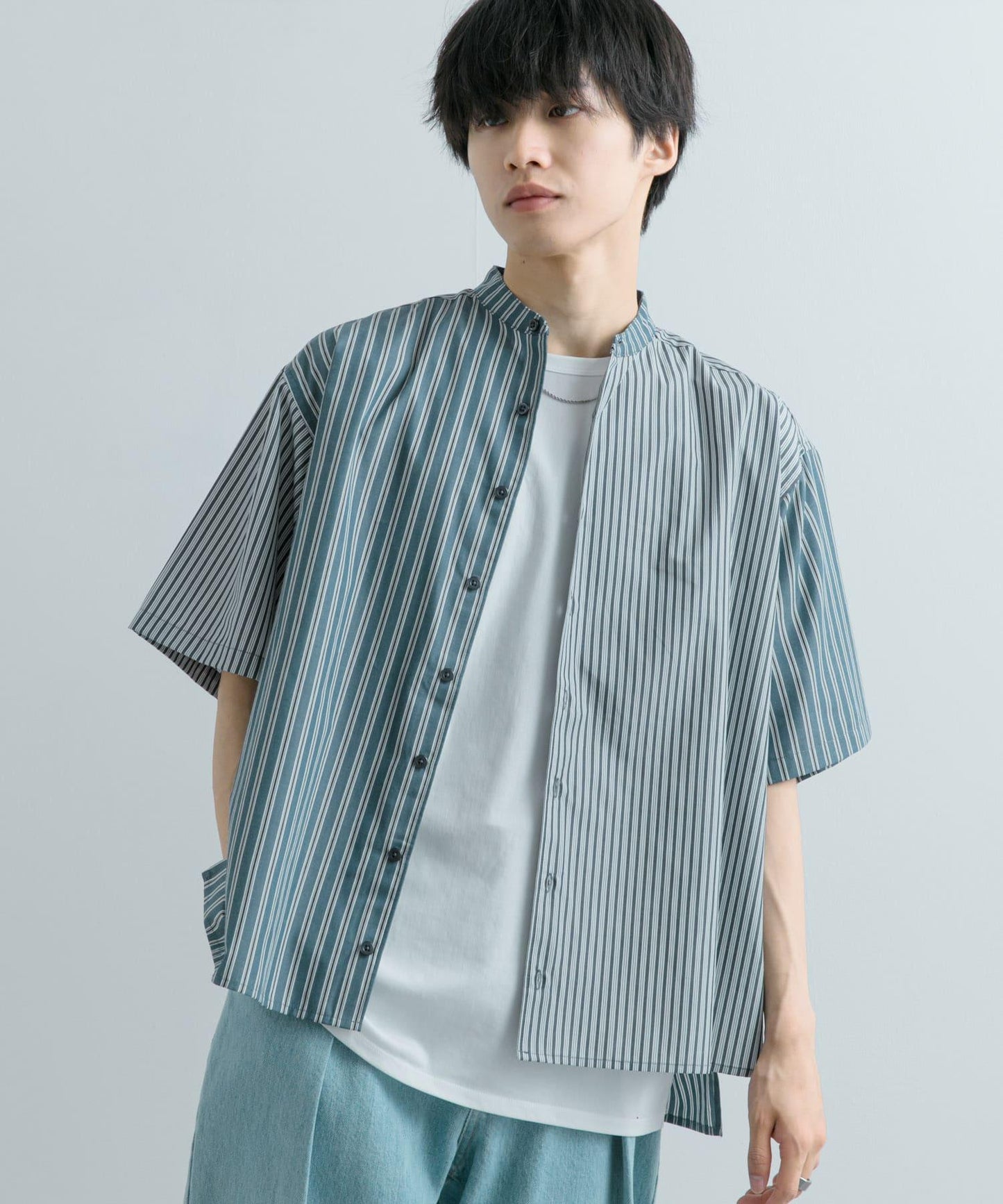 中性條紋拼接寬鬆襯衫