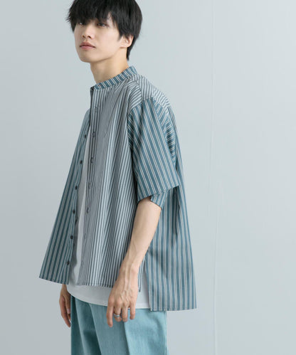 中性條紋拼接寬鬆襯衫