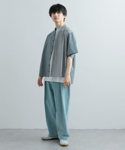 中性條紋拼接寬鬆襯衫