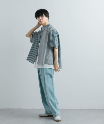 中性條紋拼接寬鬆襯衫