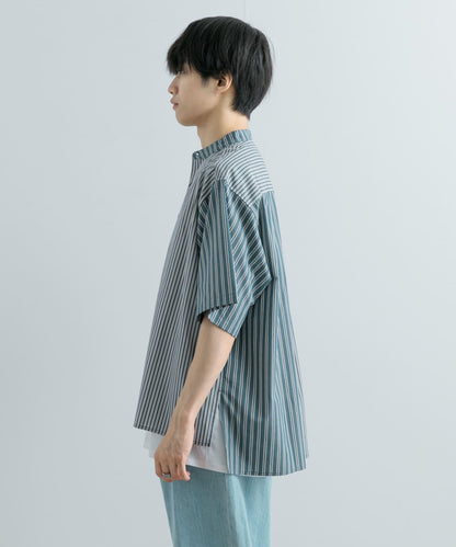 中性條紋拼接寬鬆襯衫