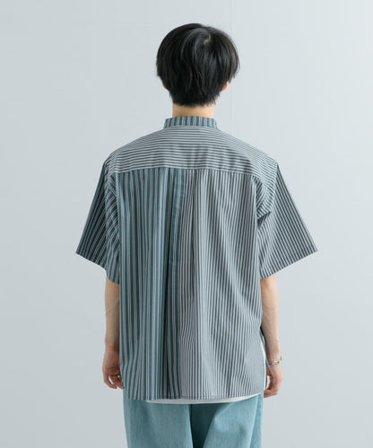 中性條紋拼接寬鬆襯衫