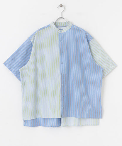 中性條紋拼接寬鬆襯衫