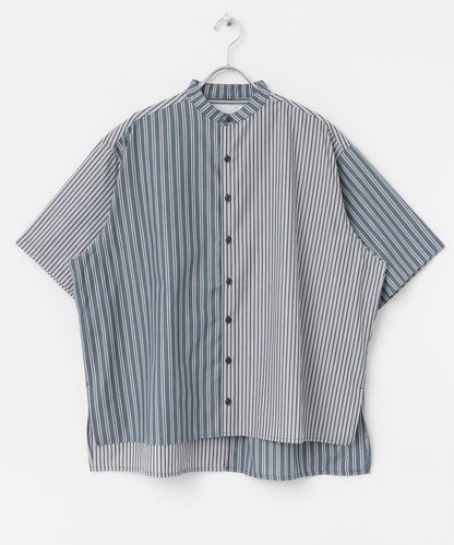 中性條紋拼接寬鬆襯衫