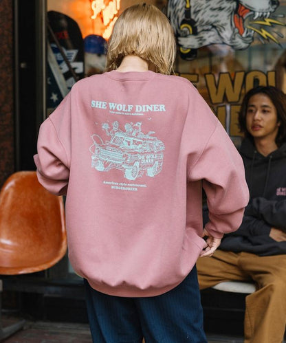 SHE WOLF DINER×FREAK'S STORE/シーウルフダイナー 特別款 寬鬆版型 背部印花 圓領衛衣/CAR