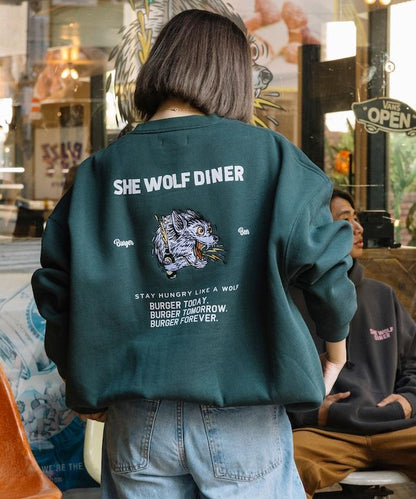 SHE WOLF DINER×FREAK'S STORE/シーウルフダイナー特別款寬鬆版型後背刺繡圓領衛衣/WOLF