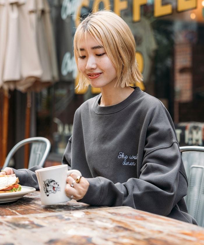 SHE WOLF DINER×FREAK'S STORE/シーウルフダイナー特別款寬鬆版型後背刺繡圓領衛衣/WOLF