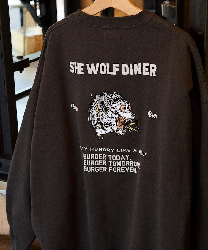SHE WOLF DINER×FREAK'S STORE/シーウルフダイナー特別款寬鬆版型後背刺繡圓領衛衣/WOLF