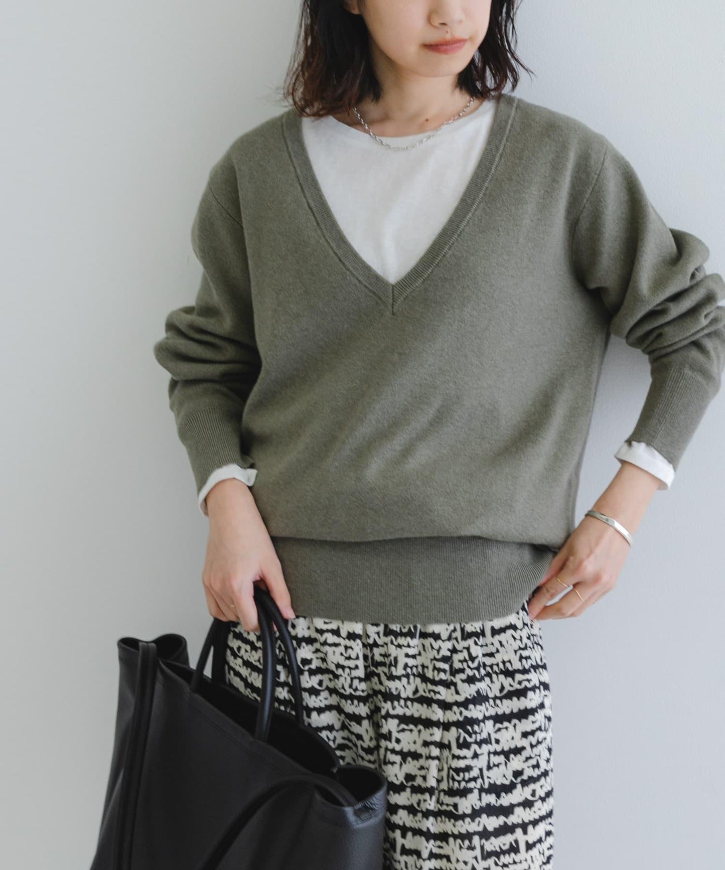 new basic 羊絨棉V領長款針織衫