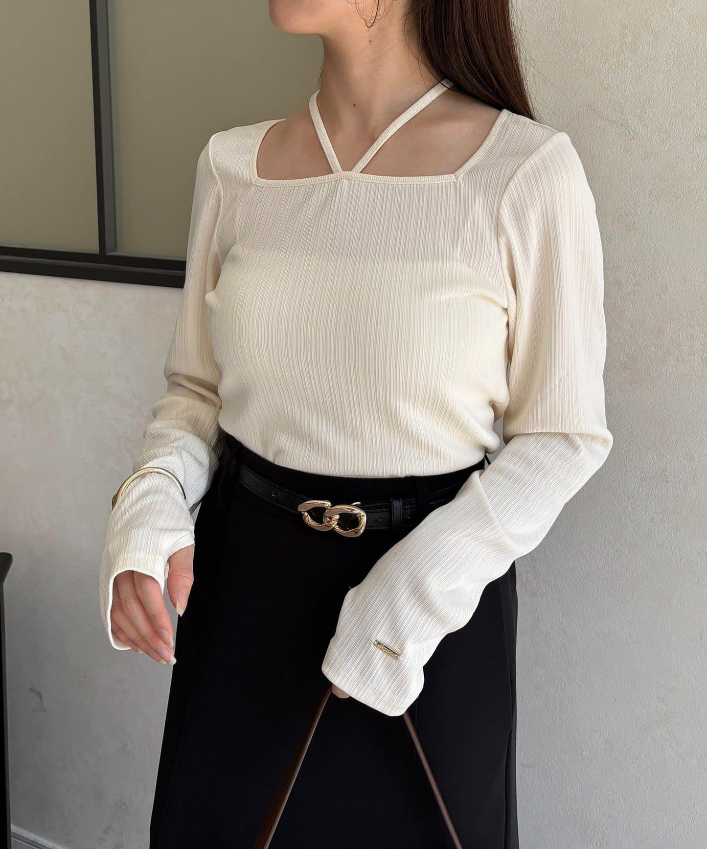 帶吊墜掛脖羅紋套頭衫