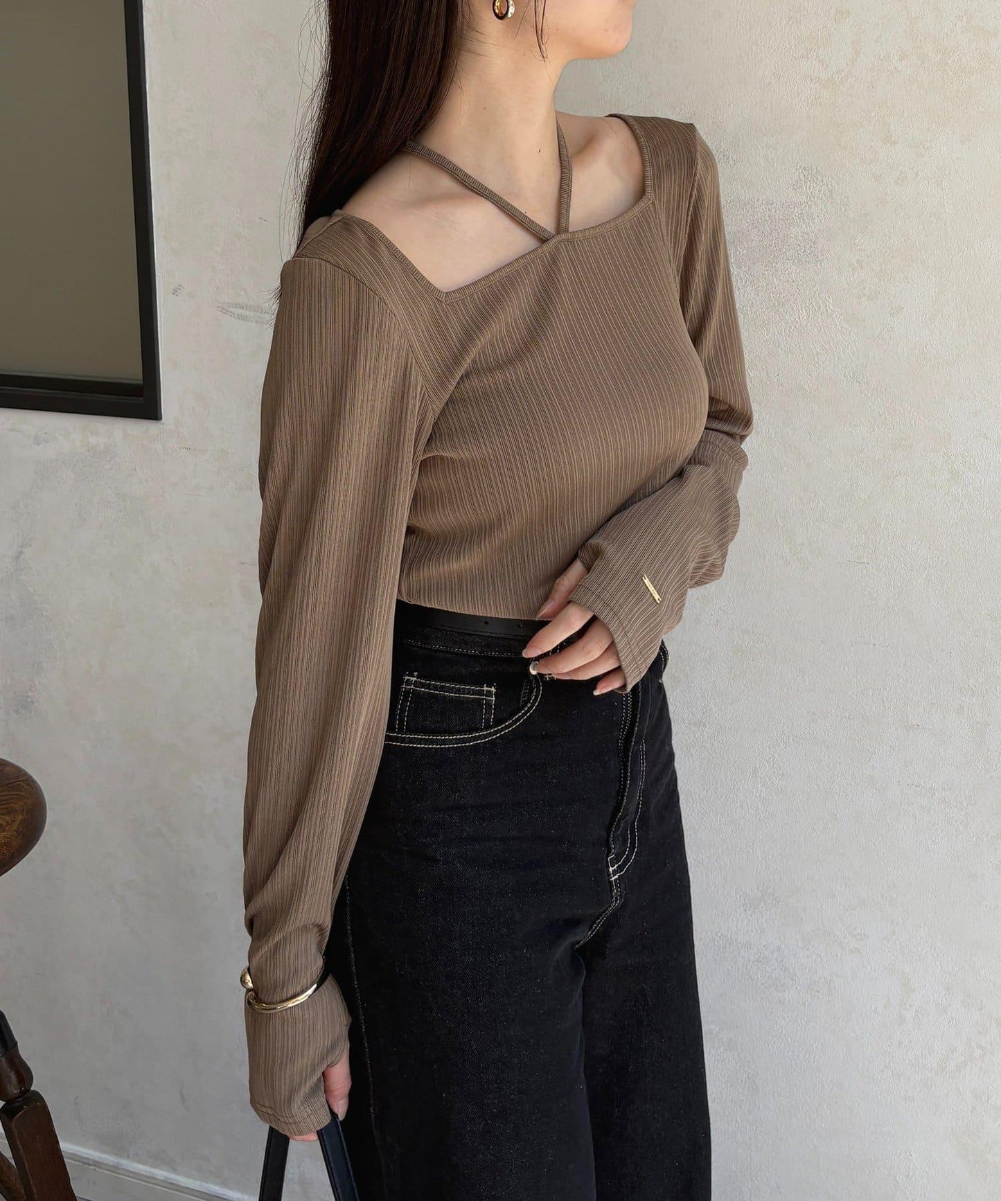 帶吊墜掛脖羅紋套頭衫