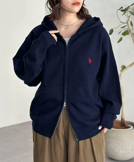 【U.S. POLO ASSN.】衛衣風針織拉鍊連帽衫