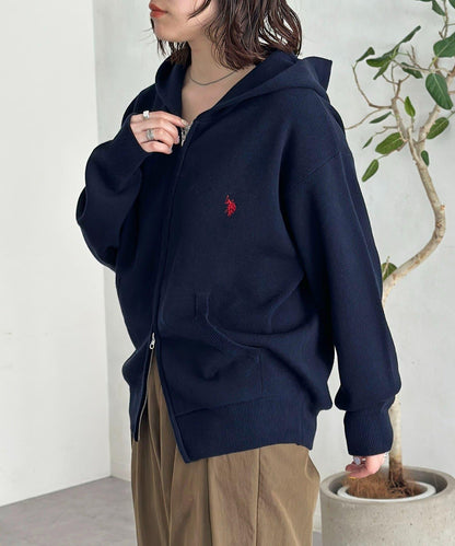 【U.S. POLO ASSN.】衛衣風針織拉鍊連帽衫