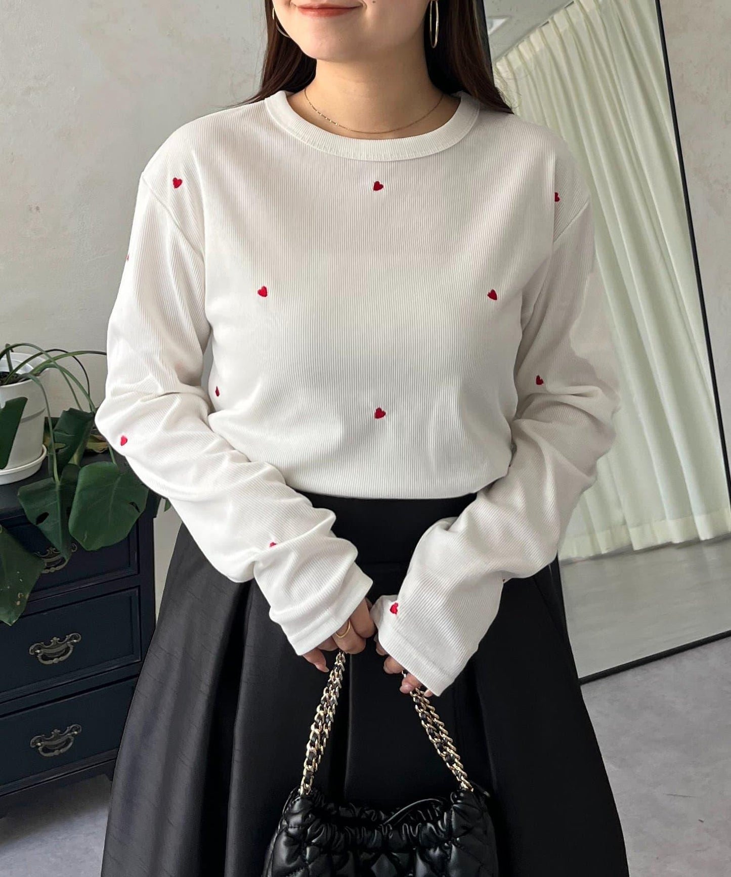 愛心刺繡羅紋長袖T恤