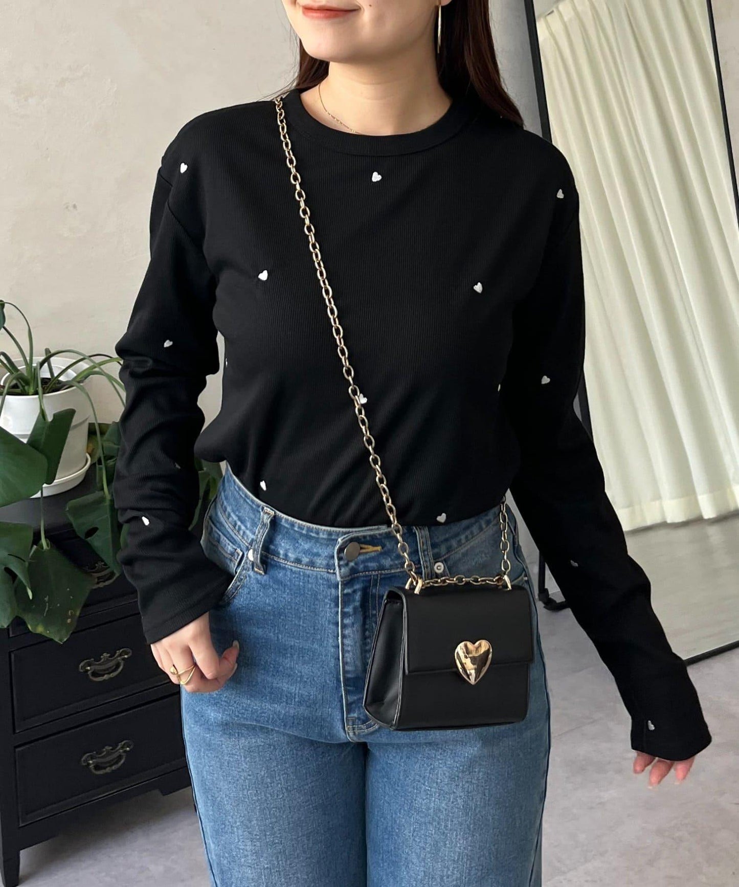 愛心刺繡羅紋長袖T恤