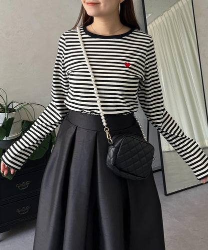 愛心刺繡條紋長袖T恤