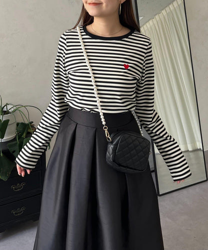 愛心刺繡條紋長袖T恤