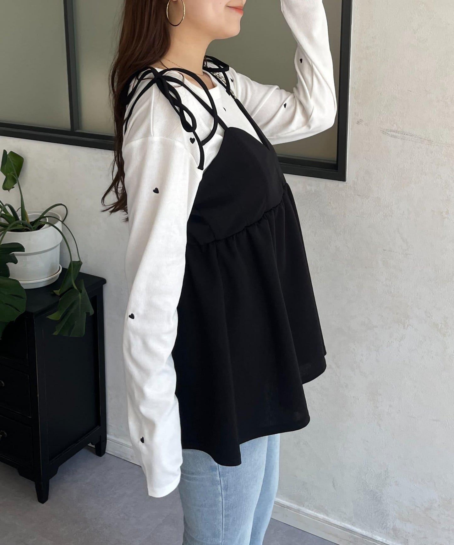 愛心刺繡羅紋長袖T恤