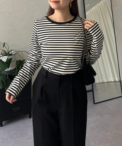 愛心刺繡條紋長袖T恤