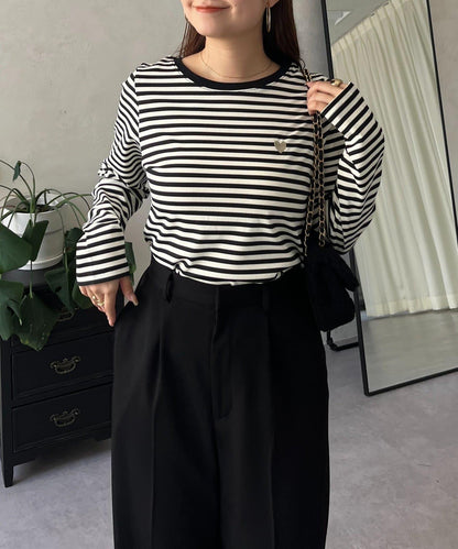 愛心刺繡條紋長袖T恤