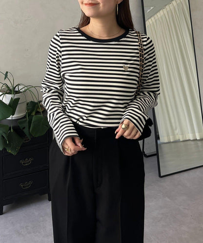 愛心刺繡條紋長袖T恤