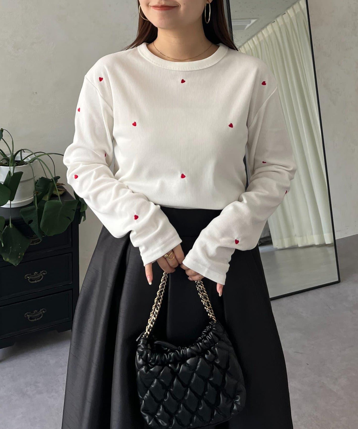 愛心刺繡羅紋長袖T恤