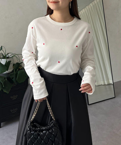 愛心刺繡羅紋長袖T恤