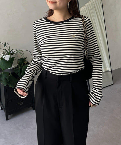 愛心刺繡條紋長袖T恤