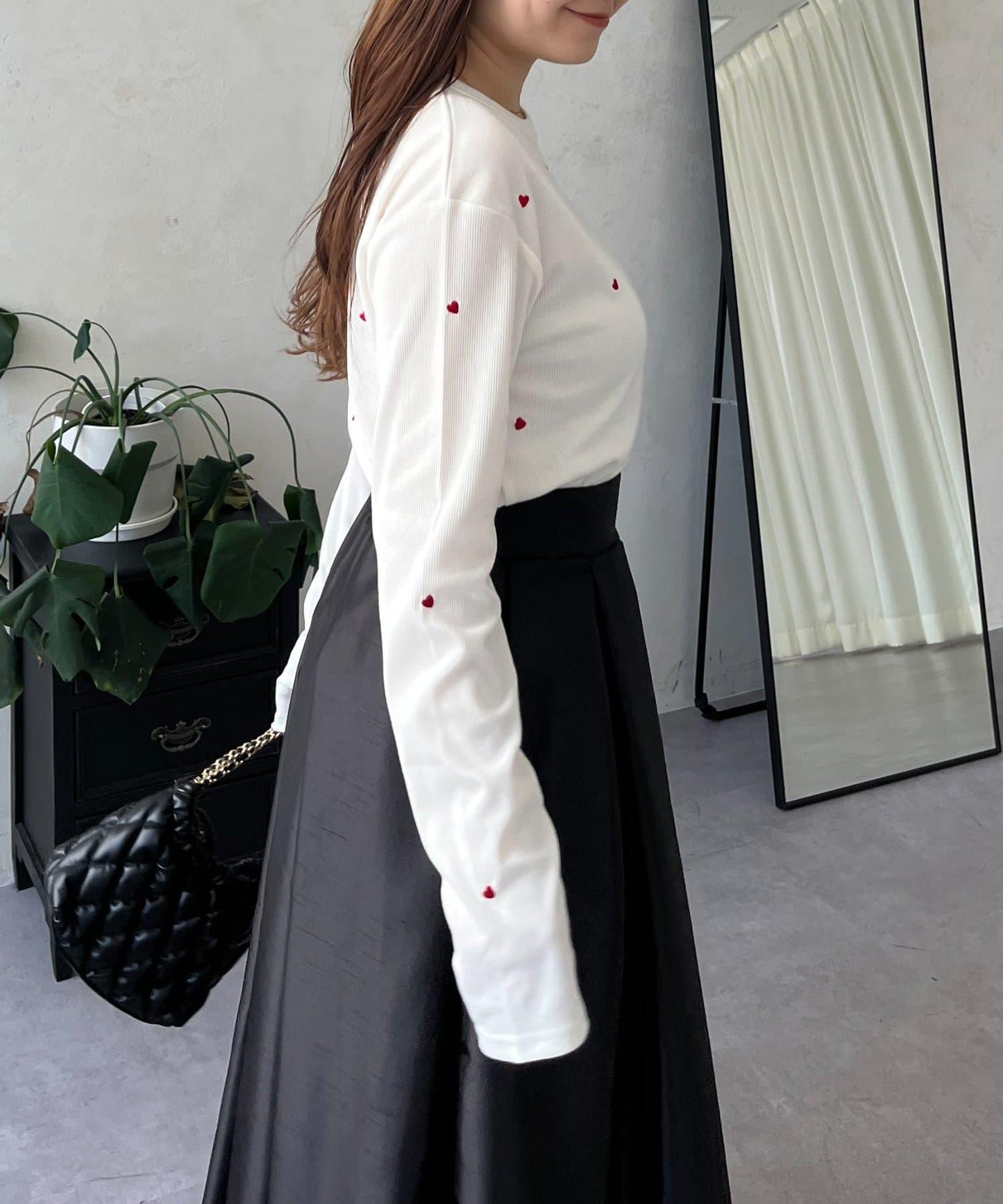 愛心刺繡羅紋長袖T恤