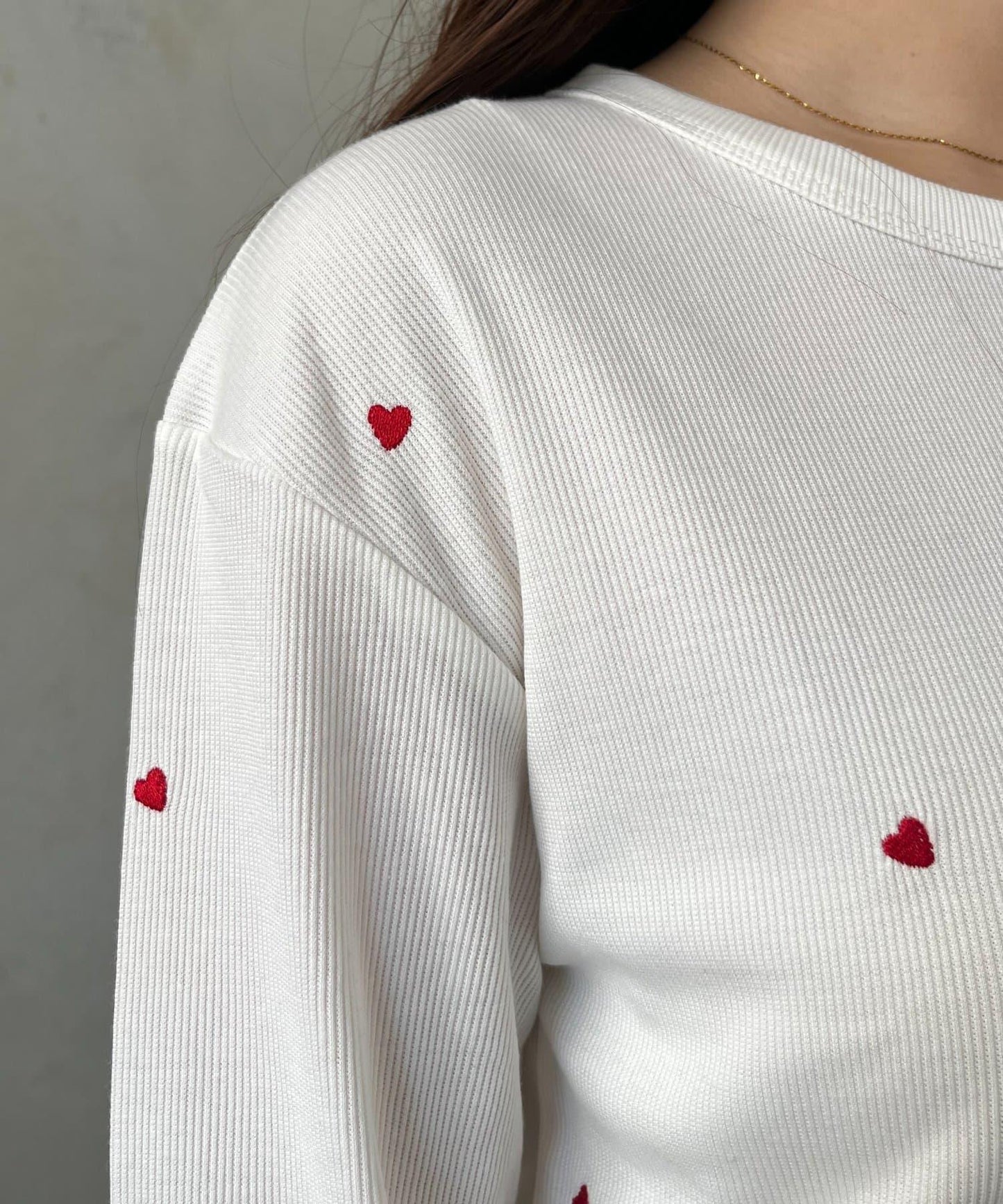 愛心刺繡羅紋長袖T恤