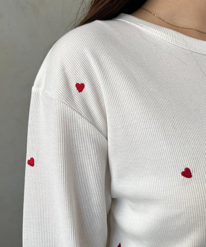 愛心刺繡羅紋長袖T恤