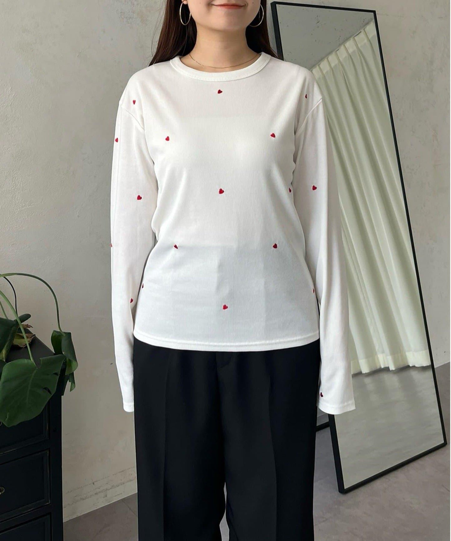 愛心刺繡羅紋長袖T恤