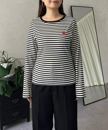 愛心刺繡條紋長袖T恤
