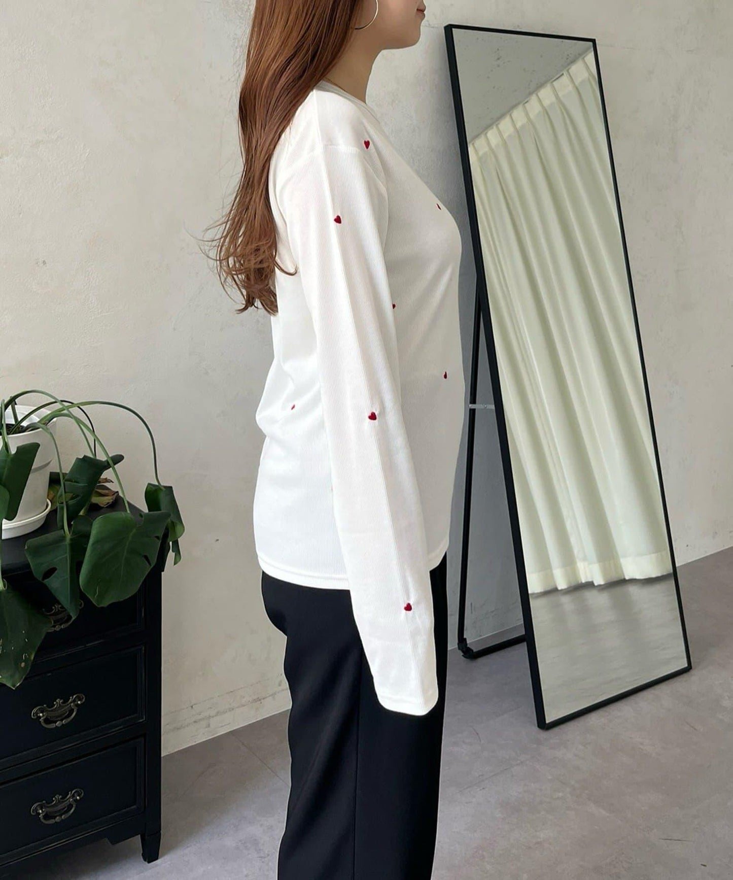 愛心刺繡羅紋長袖T恤