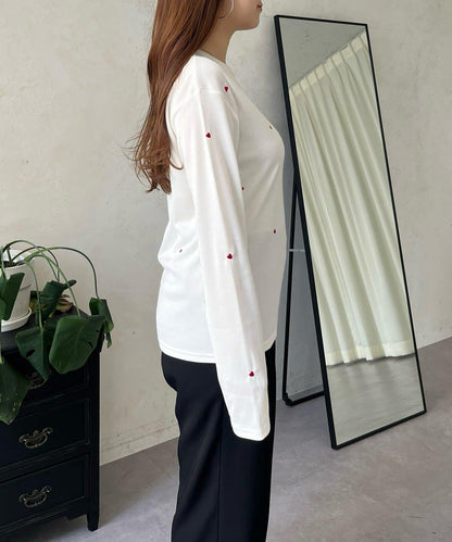 愛心刺繡羅紋長袖T恤